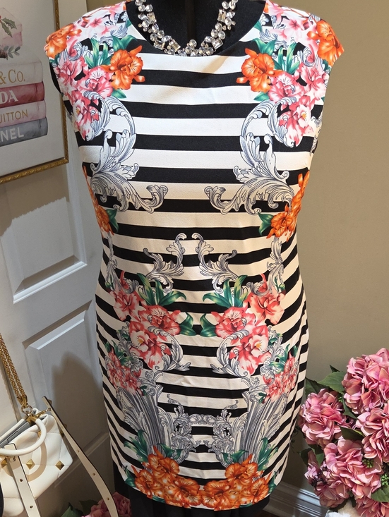 Voir Voir Dresses & Skirts - Nwot 16 Voir Voir Black & White Striped Midi Dress with Orange and Pink Floral